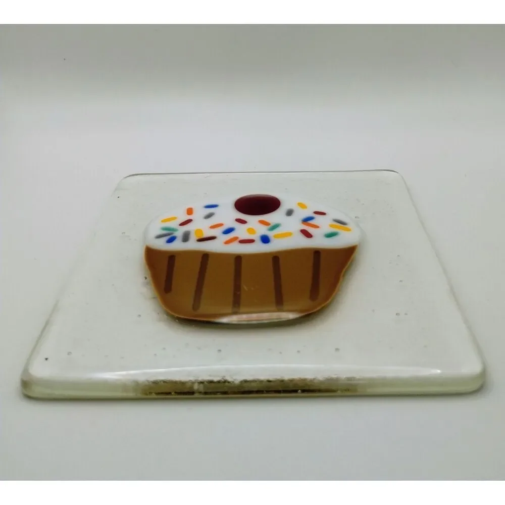 Handmade Fused Glass Cupcake Square Plate Trinket Dish Sprinkles Cherry 4.75in